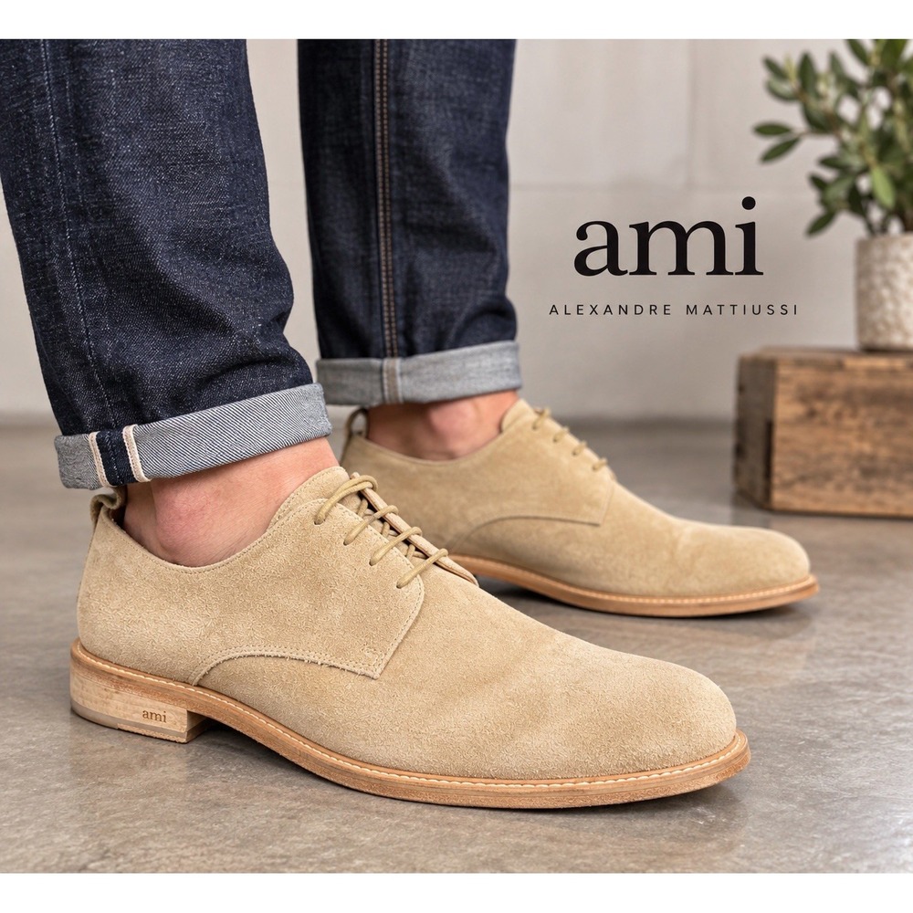 AMI Alexandre Mattiussi Derby Shoes Mens 45 Beige Suede Leather Lace Up